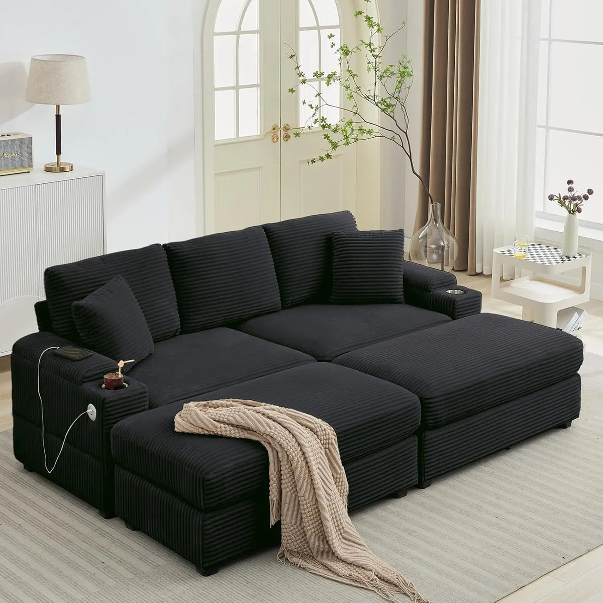 Oversized Double Chaise Lounge With Ottomans And Storage Cup Holders