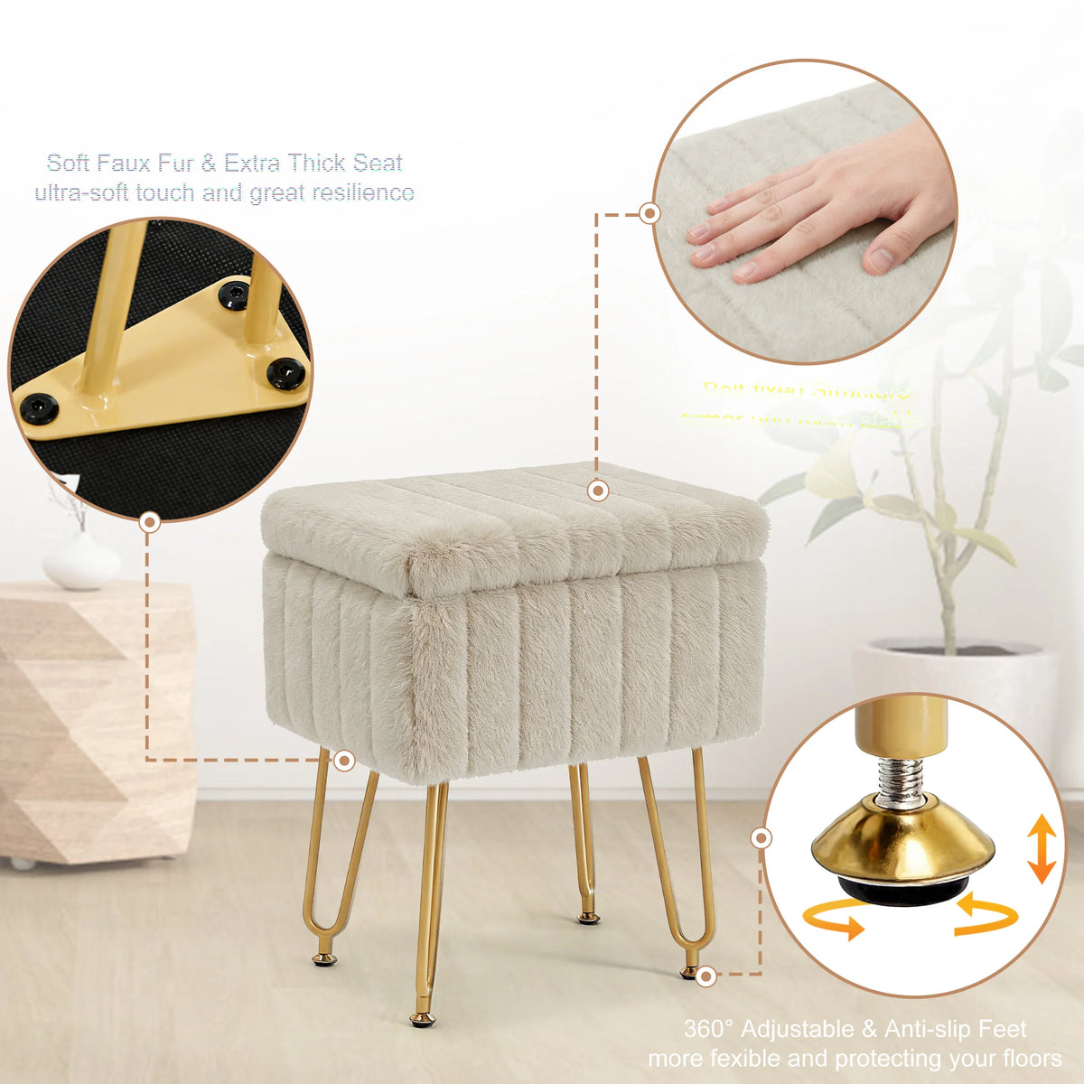 JHK Faux Fur Vanity Stool With Hidden Storage Metal Legs
