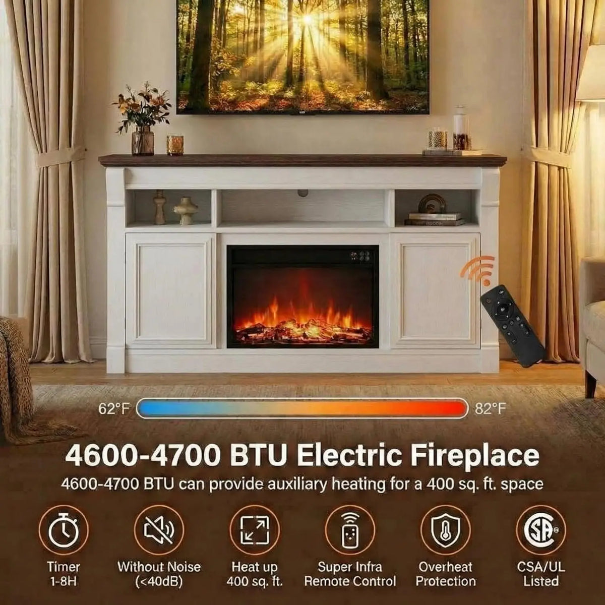 3D Electric Fireplace Heater With Mist Flame And Crackling Sound