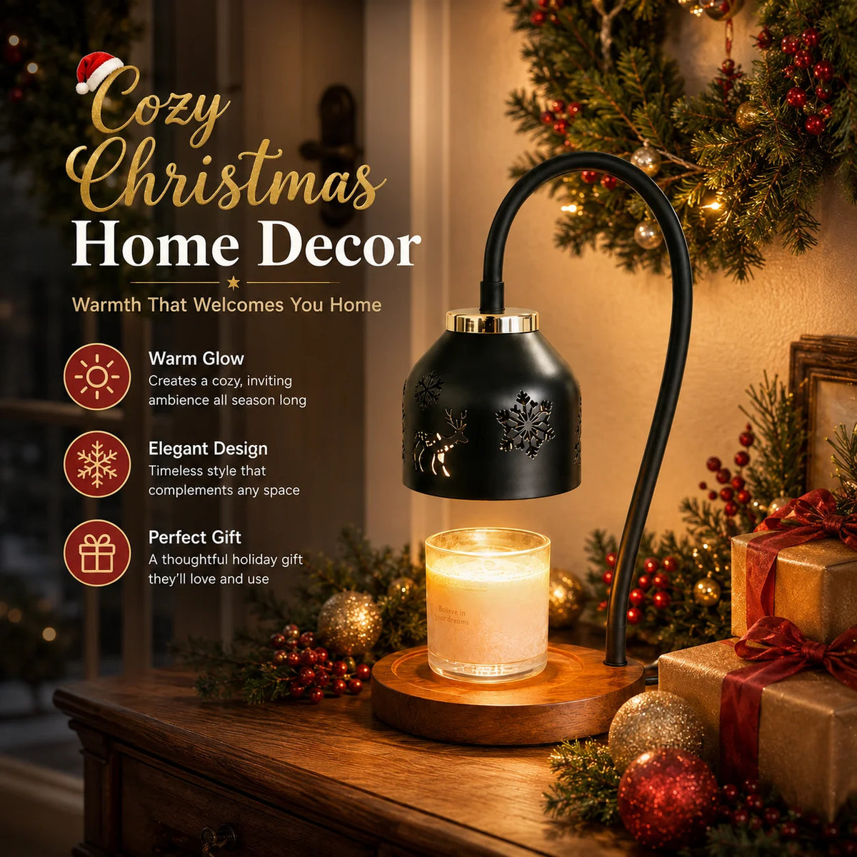Christmas Snowflake Deer Candle Warmer Lamp With Timer And Dimming