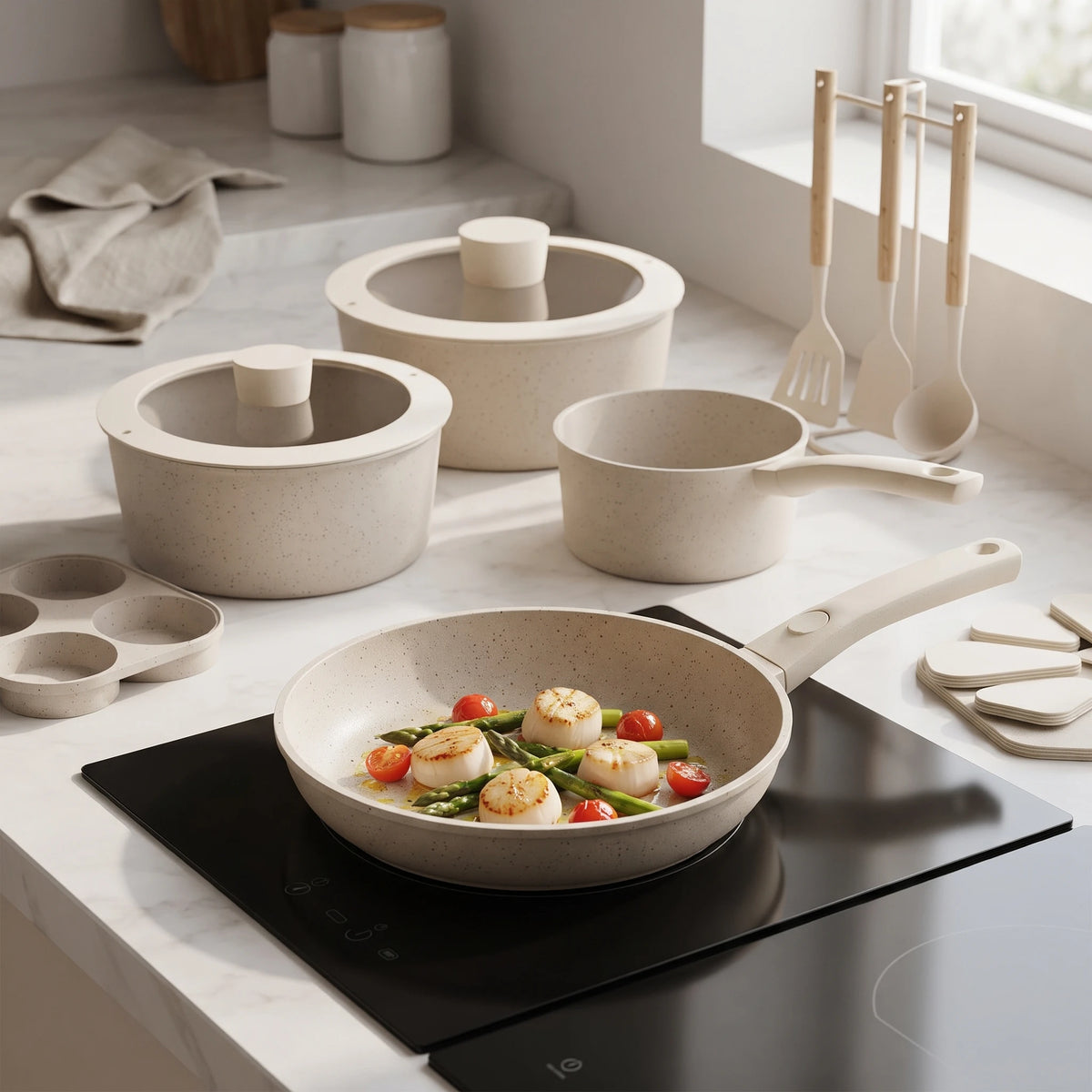 Ceramic Cookware Set With Detachable Handles Nonstick Induction Pots