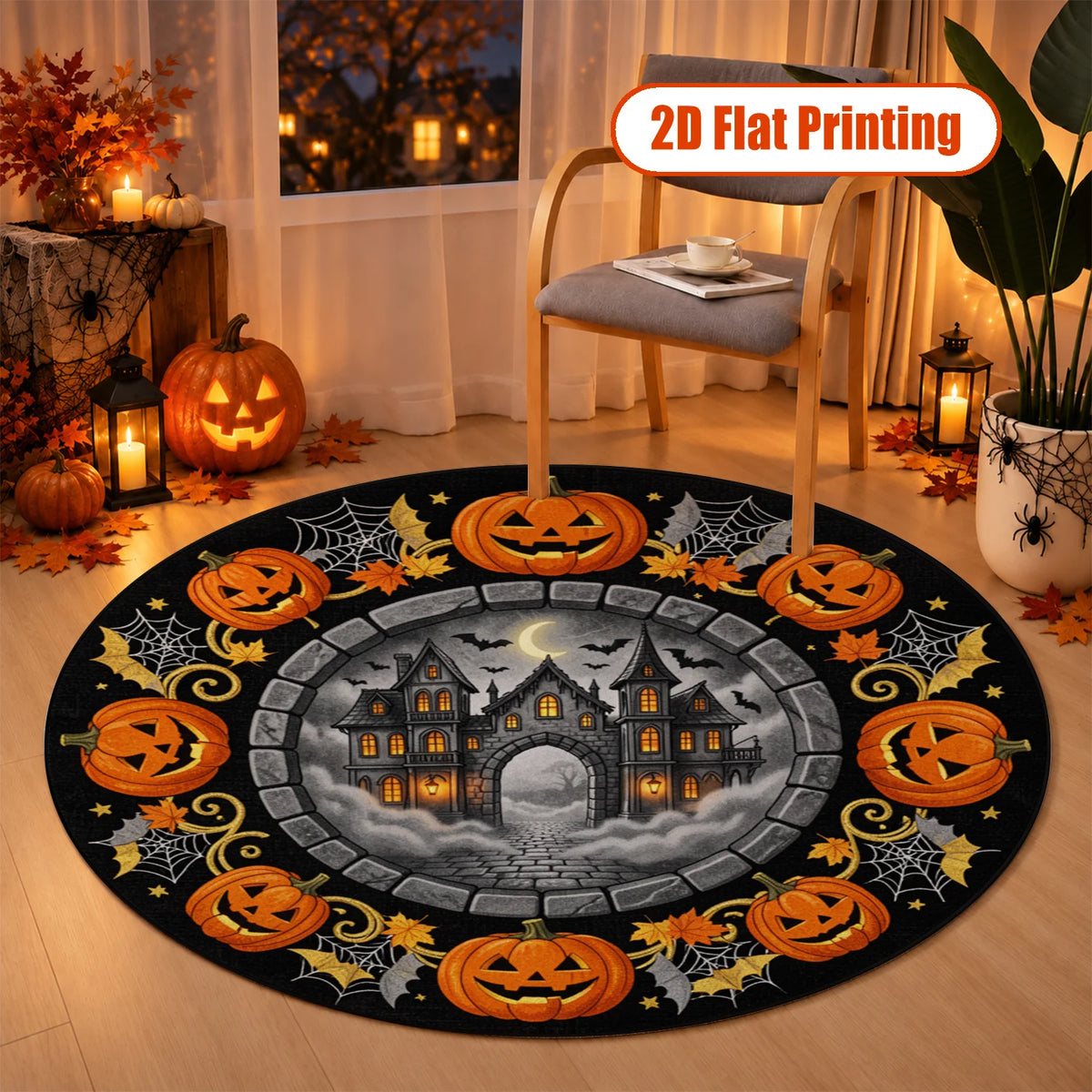 Halloween Pumpkin Haunted House Round Velvet Rug Machine Washable For Home
