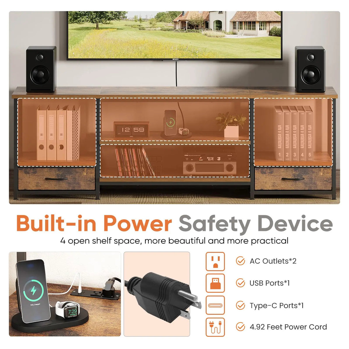JHK Wooden TV Stand Entertainment Center With Adjustable Storage Shelves