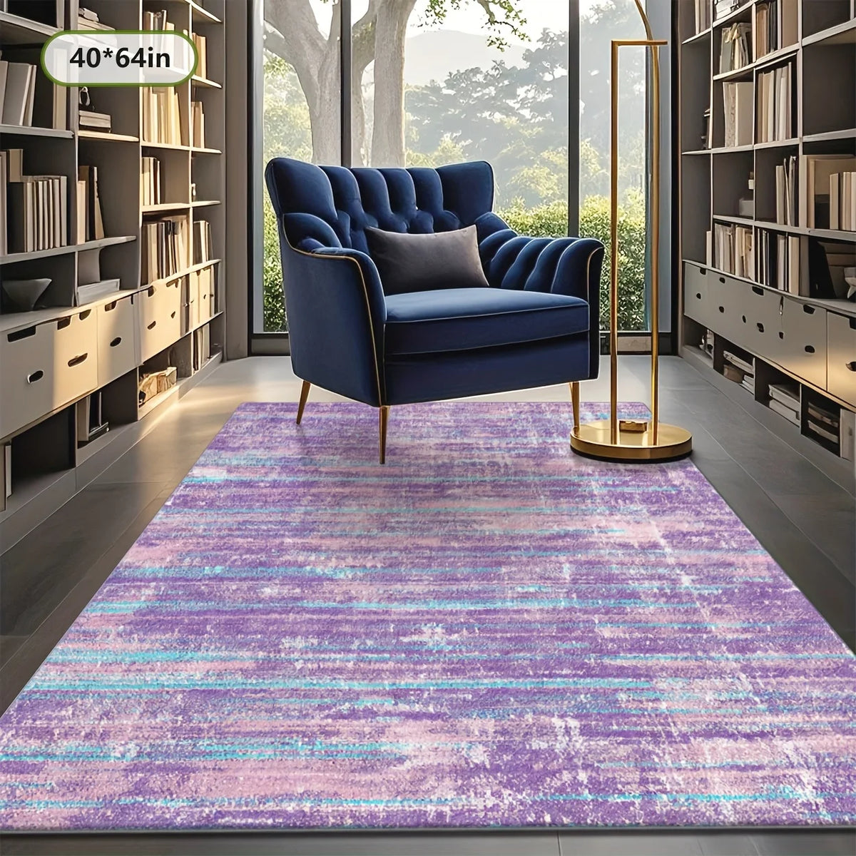 Classic Striped Polyester Area Rug With Non Slip Rubber Backing