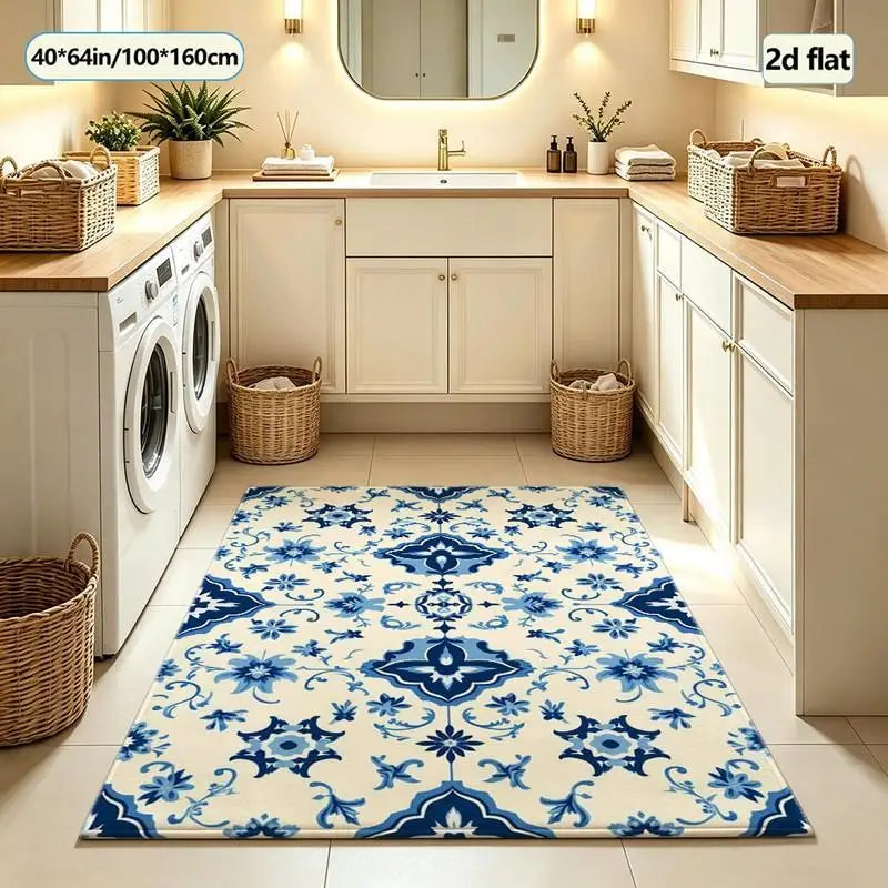 Blue and White Porcelain Floral Carpet Flooring, Traditional Oriental Style Area Rug for Living Room Bedroom Home Decor