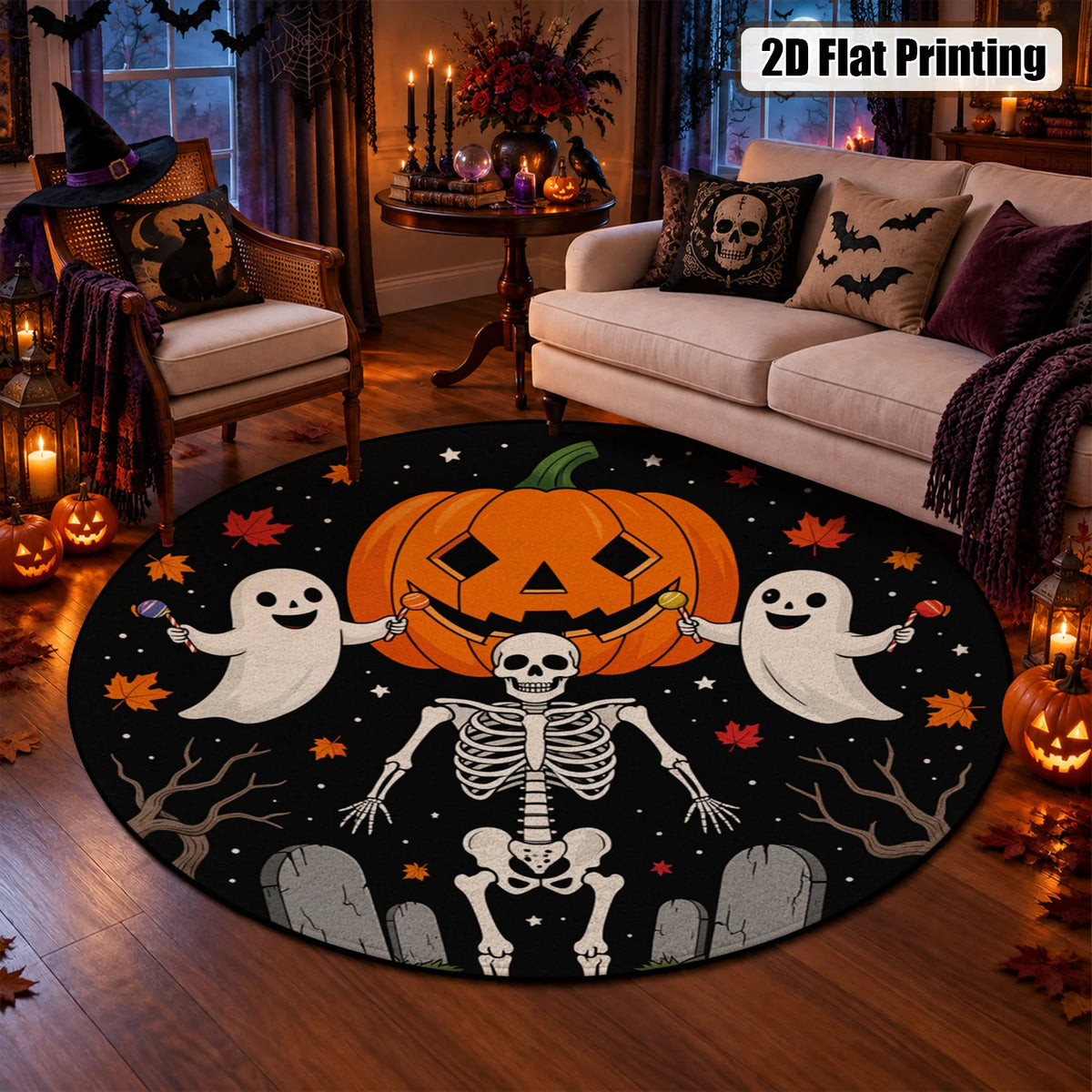 Halloween Pumpkin Ghost Skeleton Round Velvet Mat Machine Washable Decor