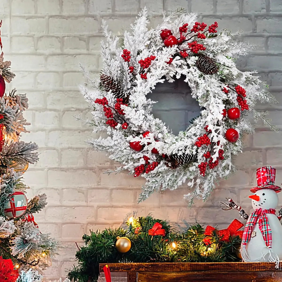 Garvee Snow Flocked Christmas Wreath With Pinecones And Berries