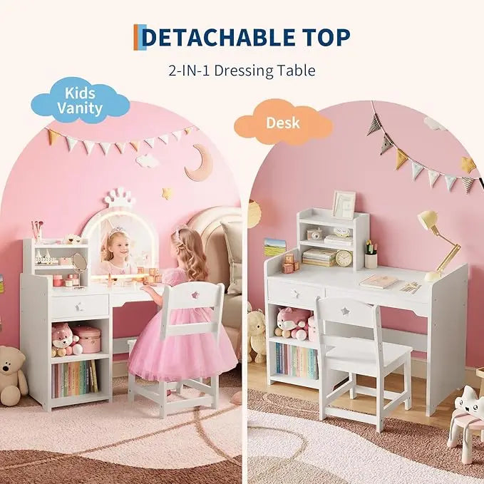 HiMISS Kids Vanity Desk With Lights And Bookshelf Chair Set