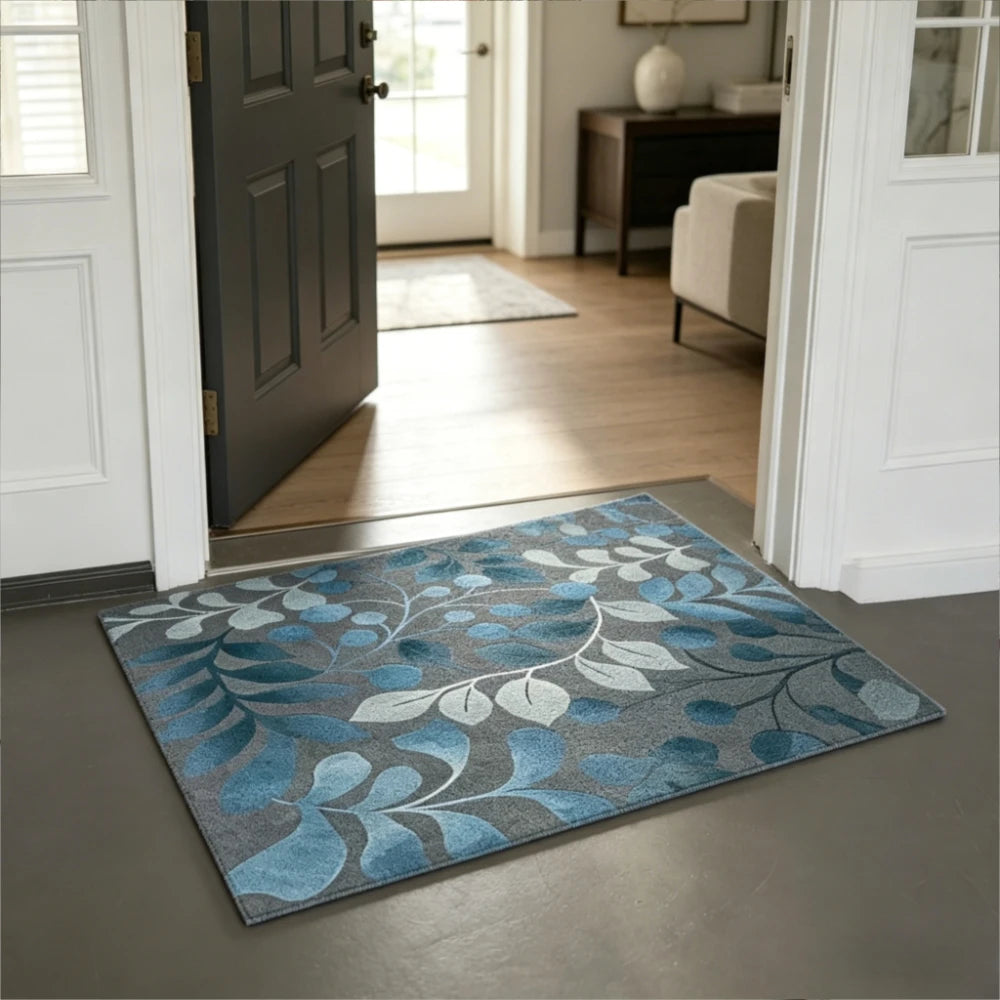 Leaf Pattern Washable Area Rug With Non Slip Rubber Backing