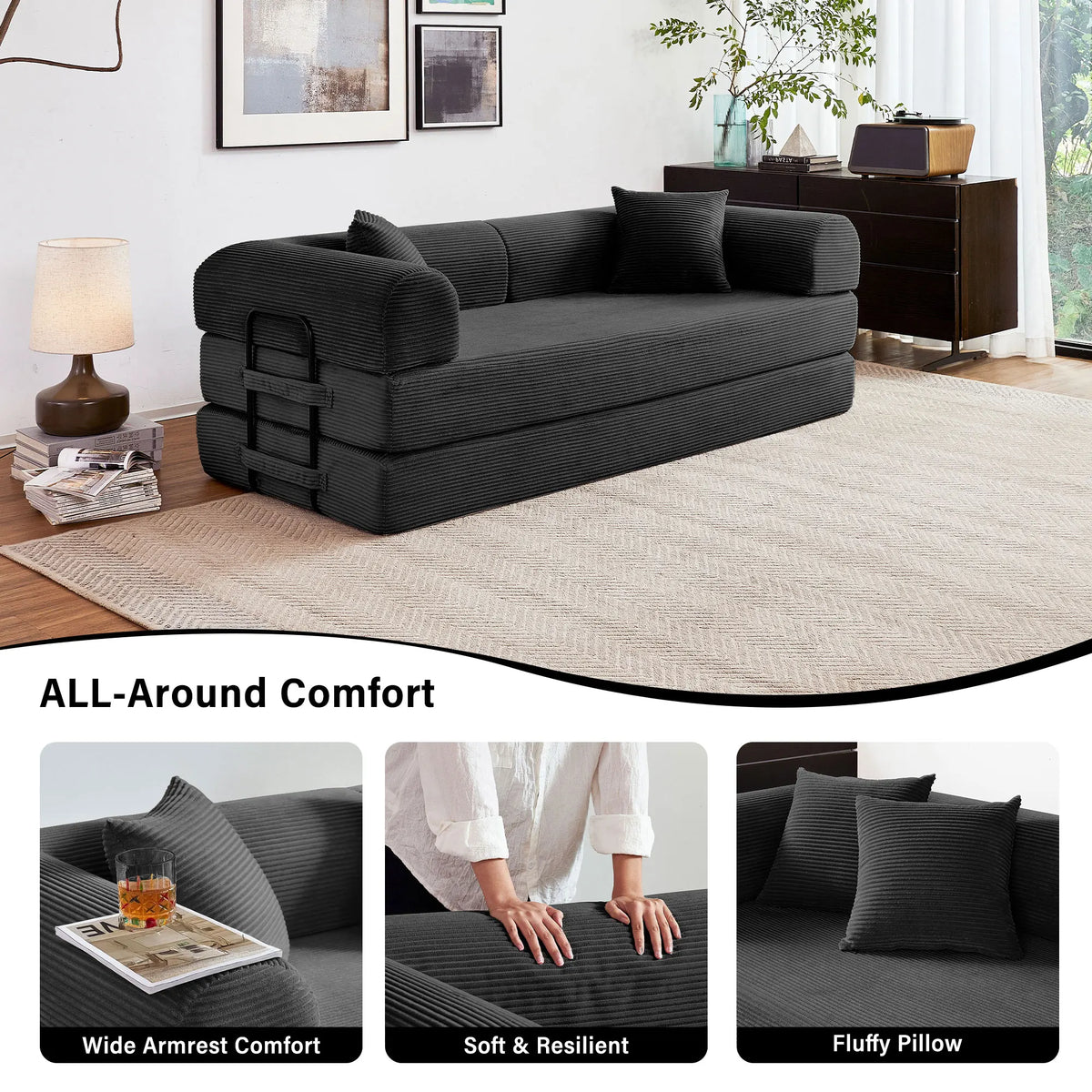 Foldable Convertible Futon Sleeper Sofa Bed With L Shaped Armrests