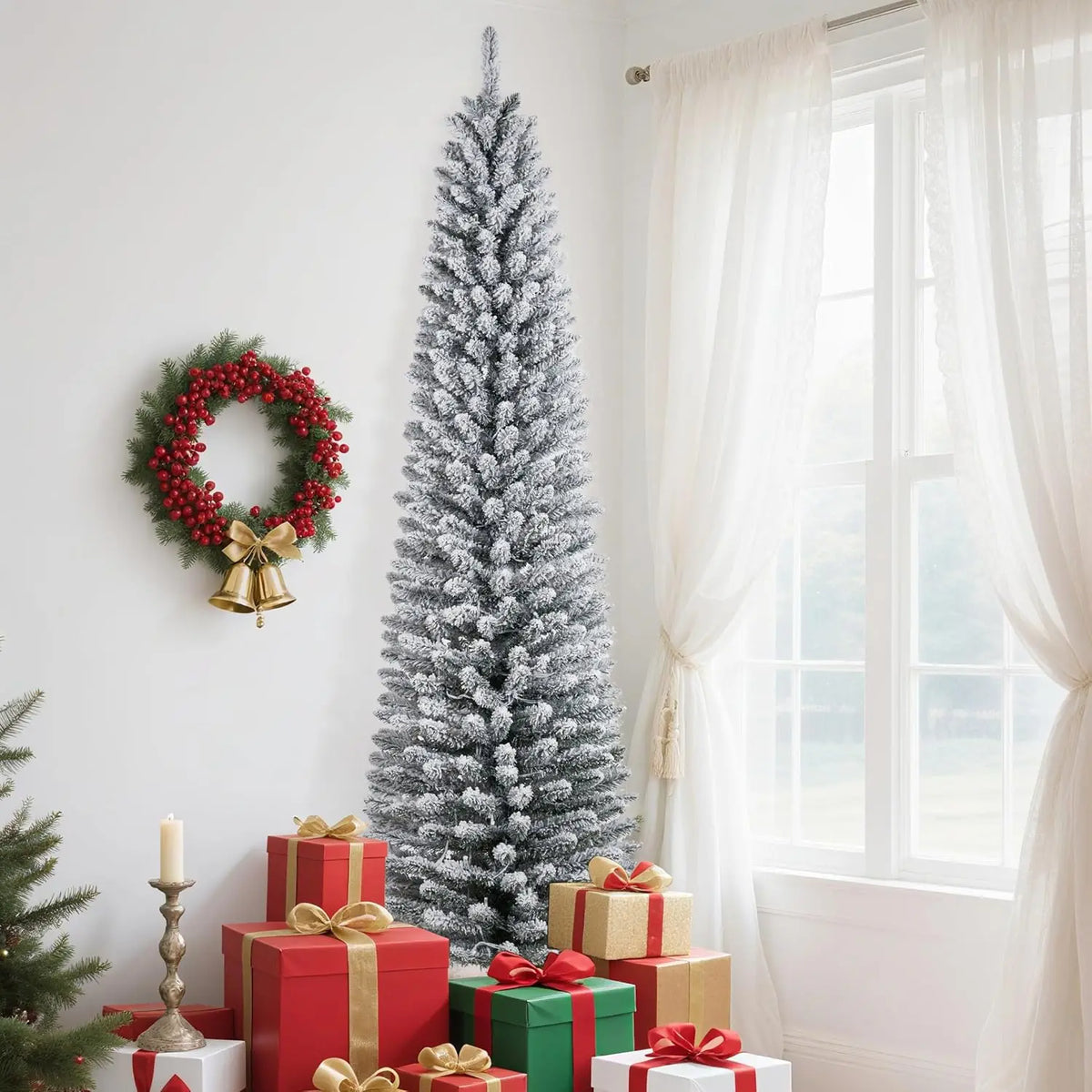 Tall Slim Artificial Pencil Christmas Tree with Snow Flocking Realistic Mixed PVC Branches Space-Saving Holiday Decoration