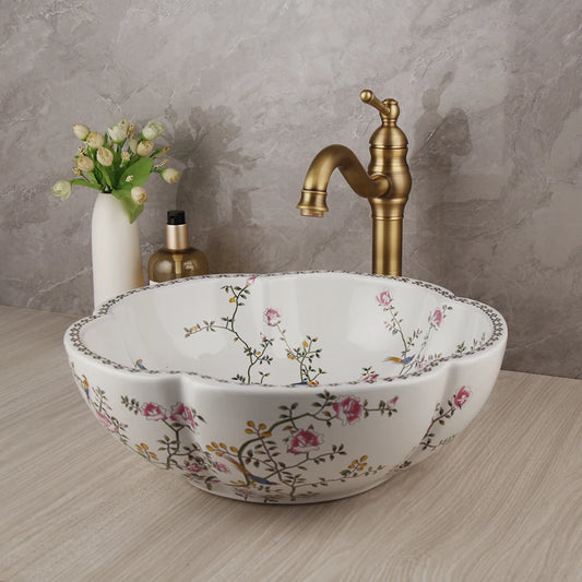 MEKKHALA Floral Ceramic Vessel Sink Set With Waterfall Faucet Combo