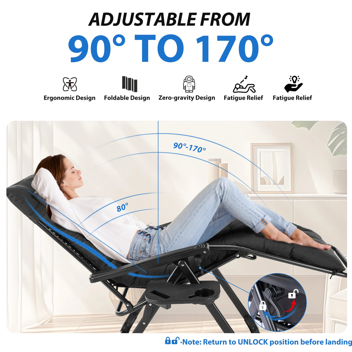 MCQ Zero Gravity Cushioned Folding Lounge Chair With Cup Holder Cooler Bag