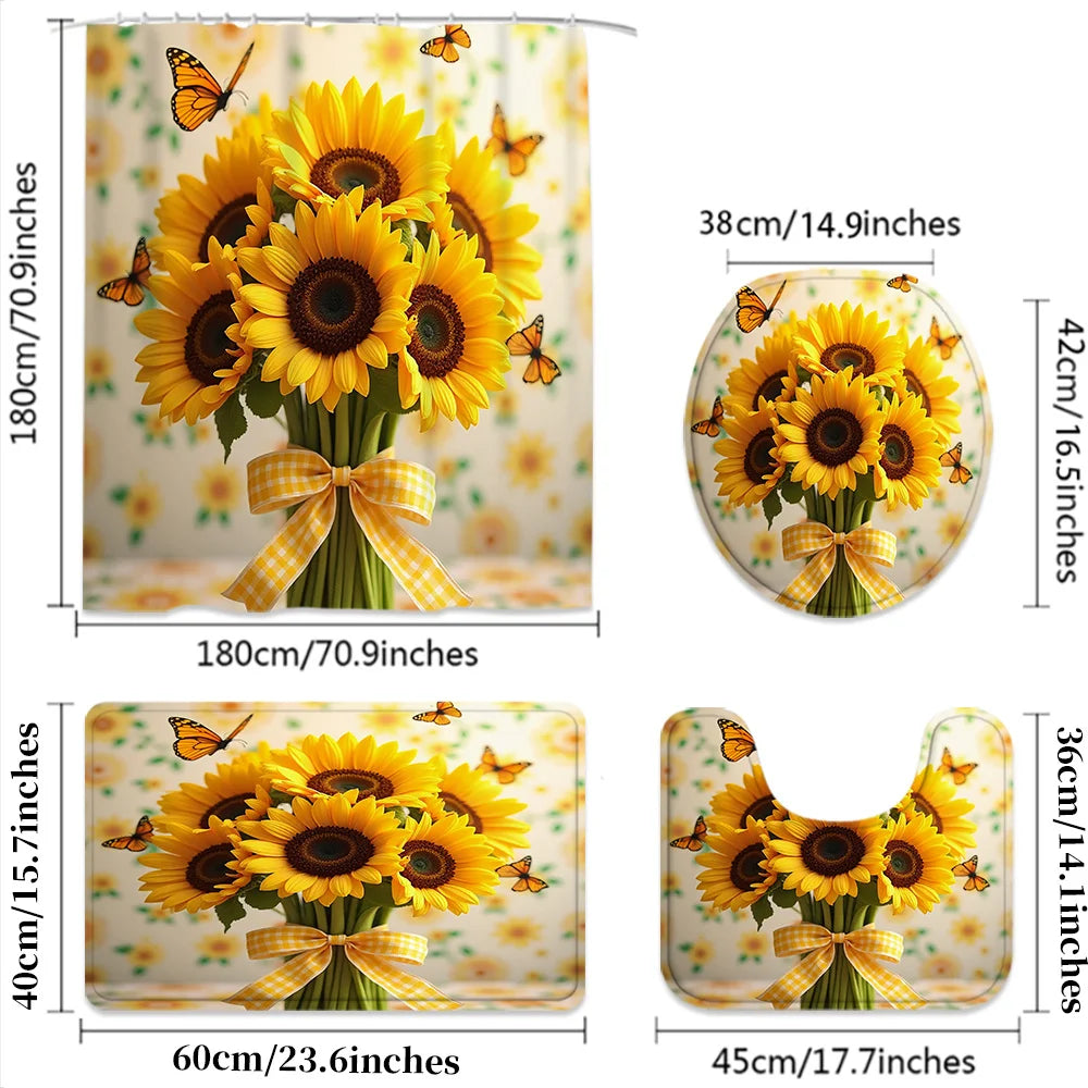 Sunflower Butterfly Printed Shower Curtain Set With Hooks And Mats