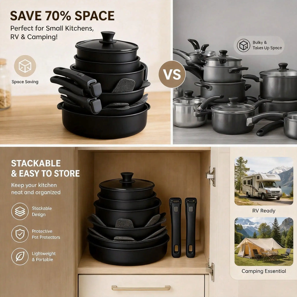 Premium 13PCS Nonstick Cookware Set With Detachable Handles, Matte Black Stackable Pots And Pans Set For Modern Kitchen, RV Camping, Induction Compatible Cooking Set(304 Stainless Steel) sh260805145768381269248