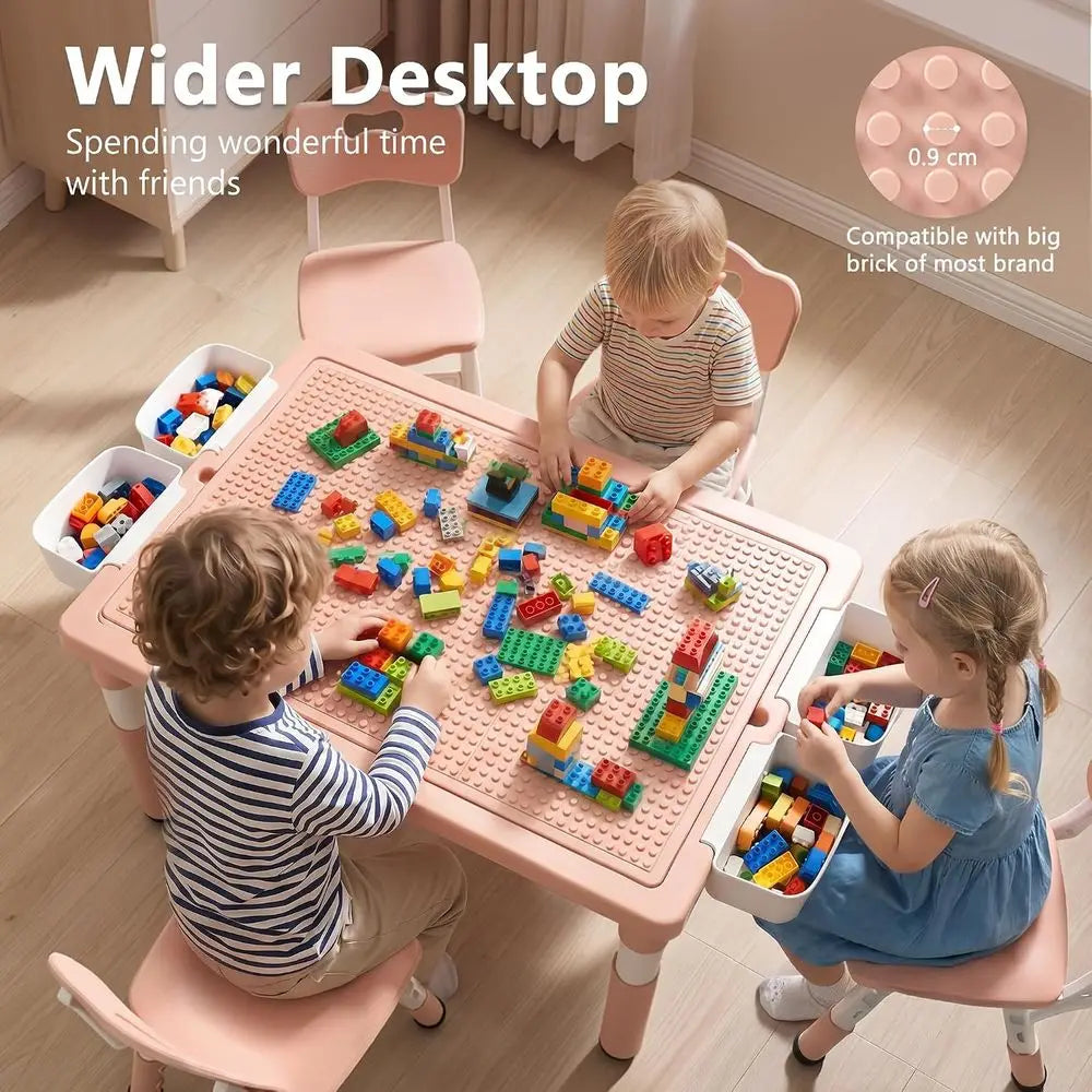 Kids Table & 4 Chairs Set, Height Adjustable Children Activity Table w/Storage, Graiti & Building Blocks Tabletop, Toddler urnit