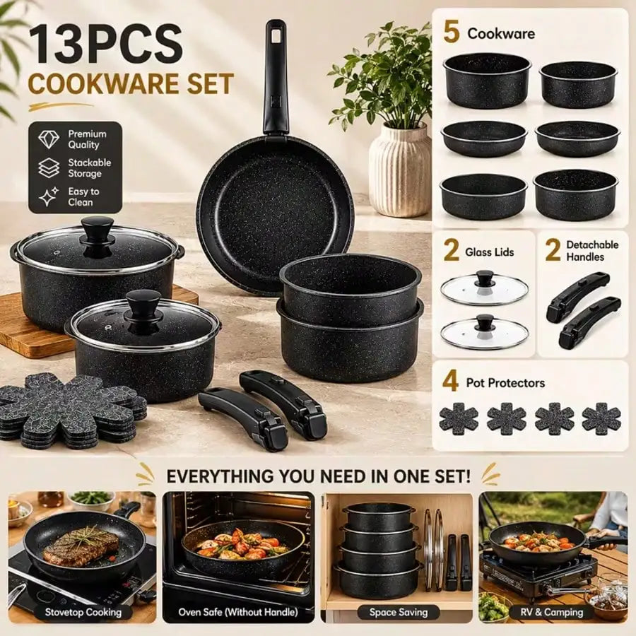 Premium 13PCS Nonstick Cookware Set With Detachable Handles, Matte Black Stackable Pots And Pans Set For Modern Kitchen, RV Camping, Induction Compatible Cooking Set(304 Stainless Steel) sh260805145768381269248