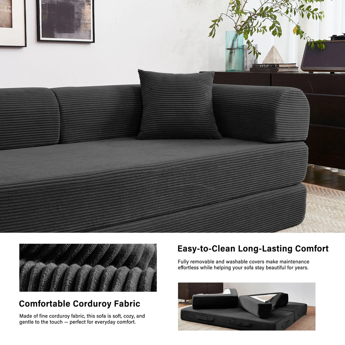 Foldable Convertible Futon Sleeper Sofa Bed With L Shaped Armrests