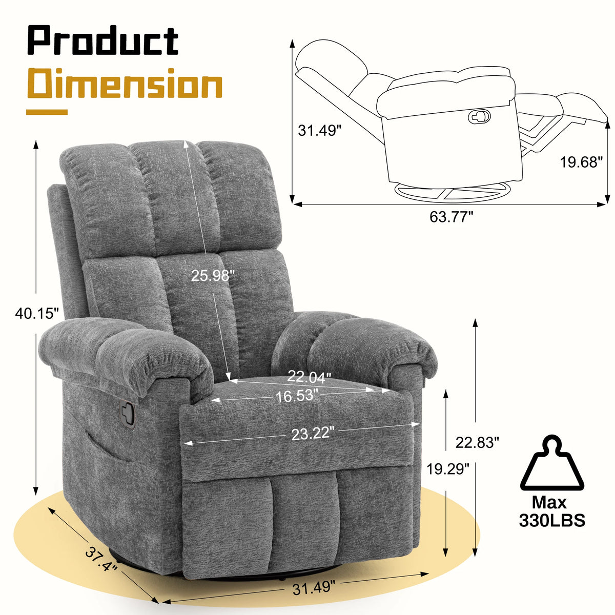 KORSER Swivel Rocker Recliner Chair with Side Pockets