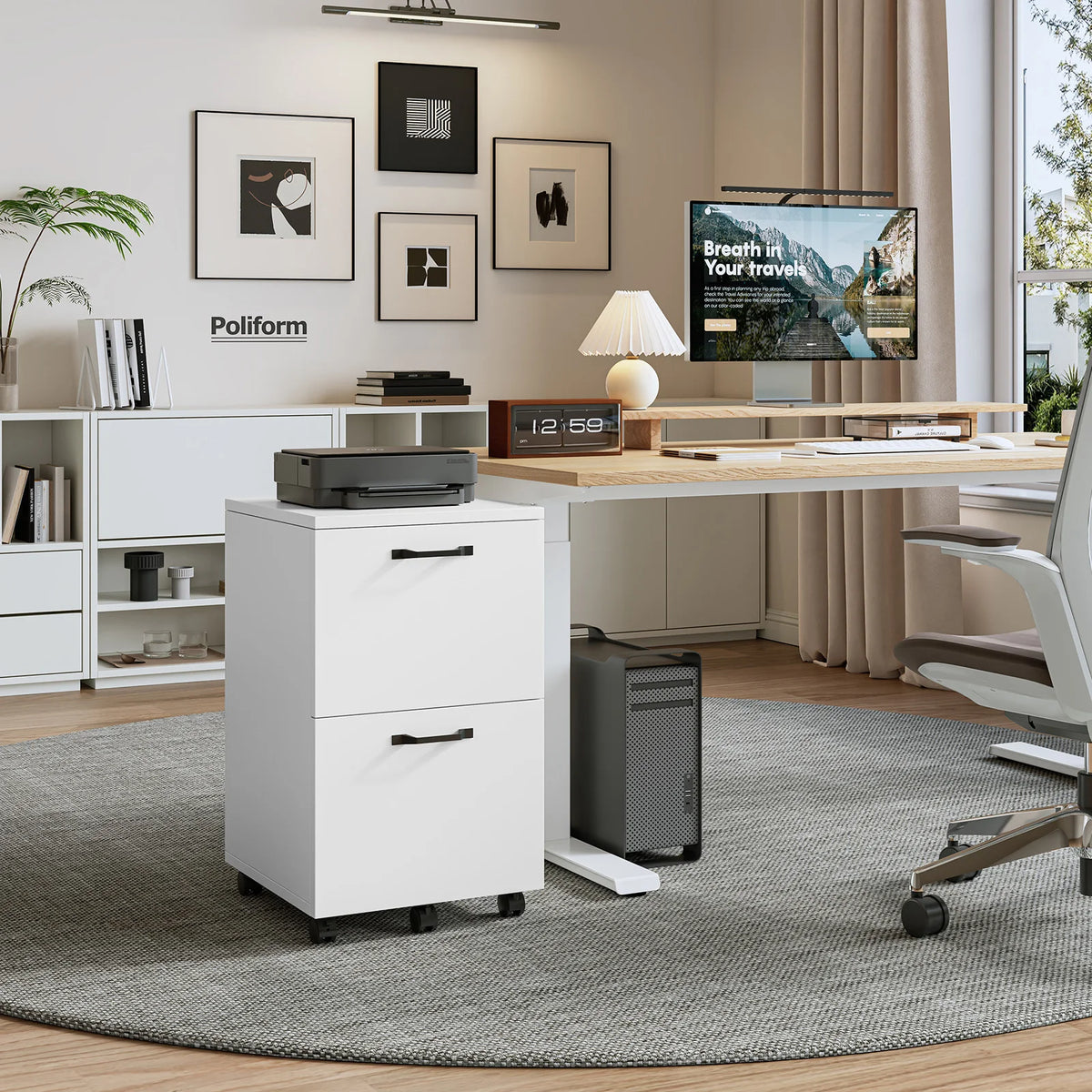 JHK Wooden Rolling File Cabinet With Drawers And Lockable Wheels