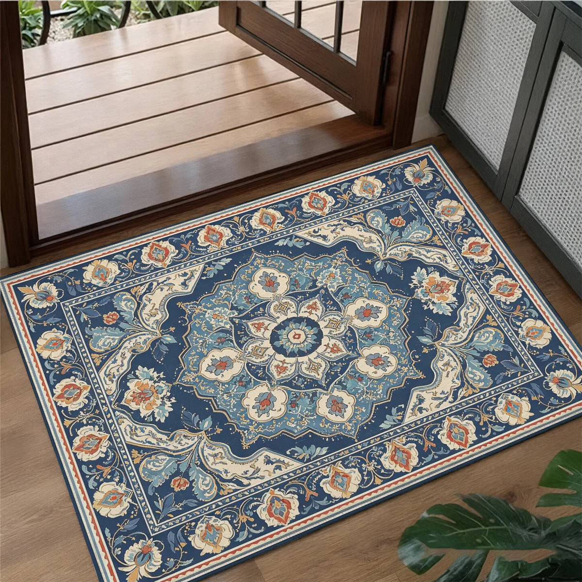 Vintage Persian Floral Velvet Rug, Machine Washable Non Slip Carpet