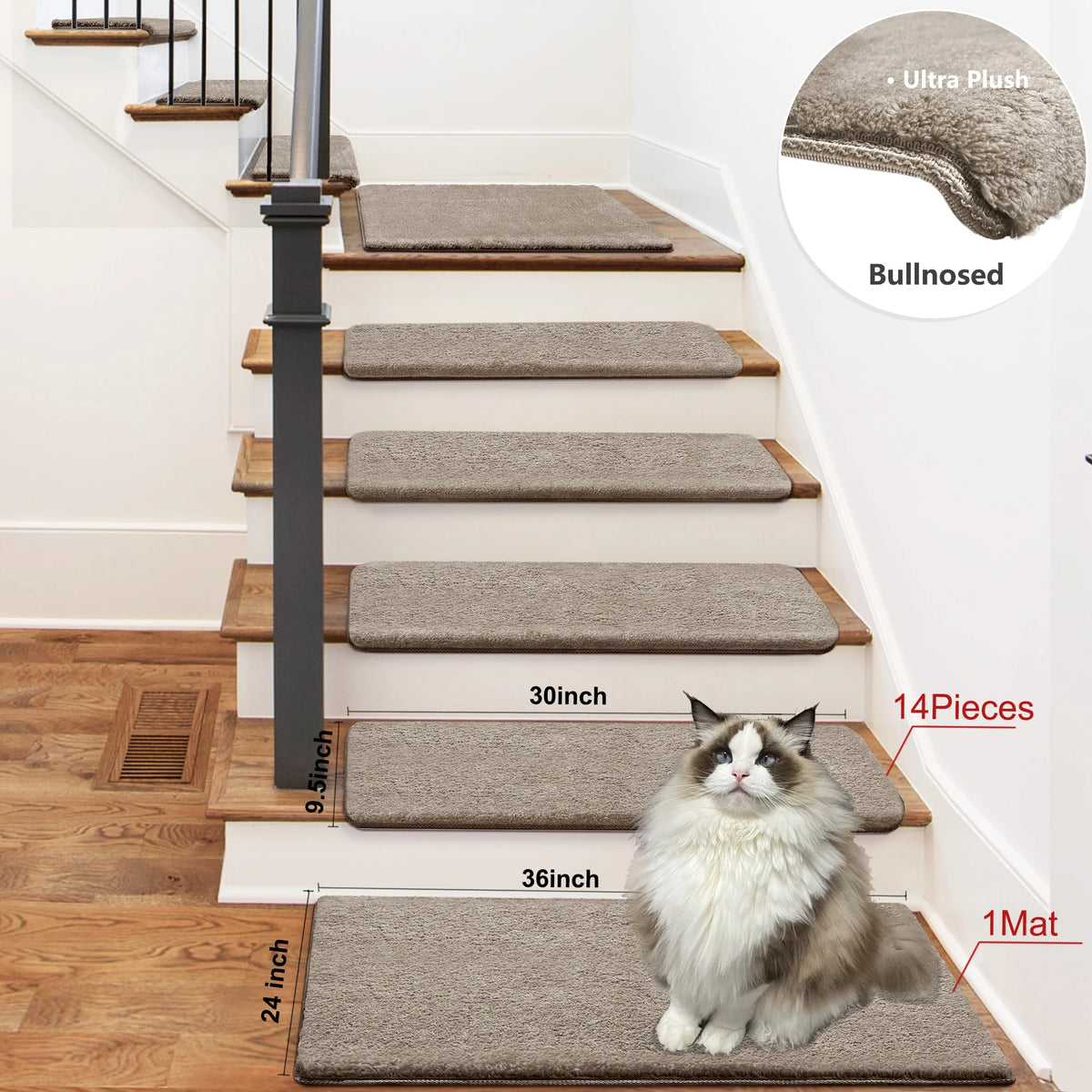 Bullnose Non Slip Stair Treads Washable Self Adhesive Carpet Mats