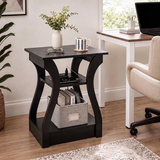 JHK Curved Cabinet End Table With Charging Station And Storage