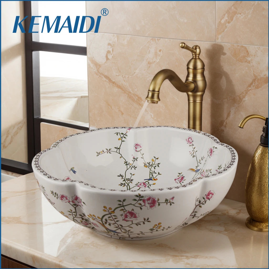 MEKKHALA Floral Ceramic Vessel Sink Set With Waterfall Faucet Combo