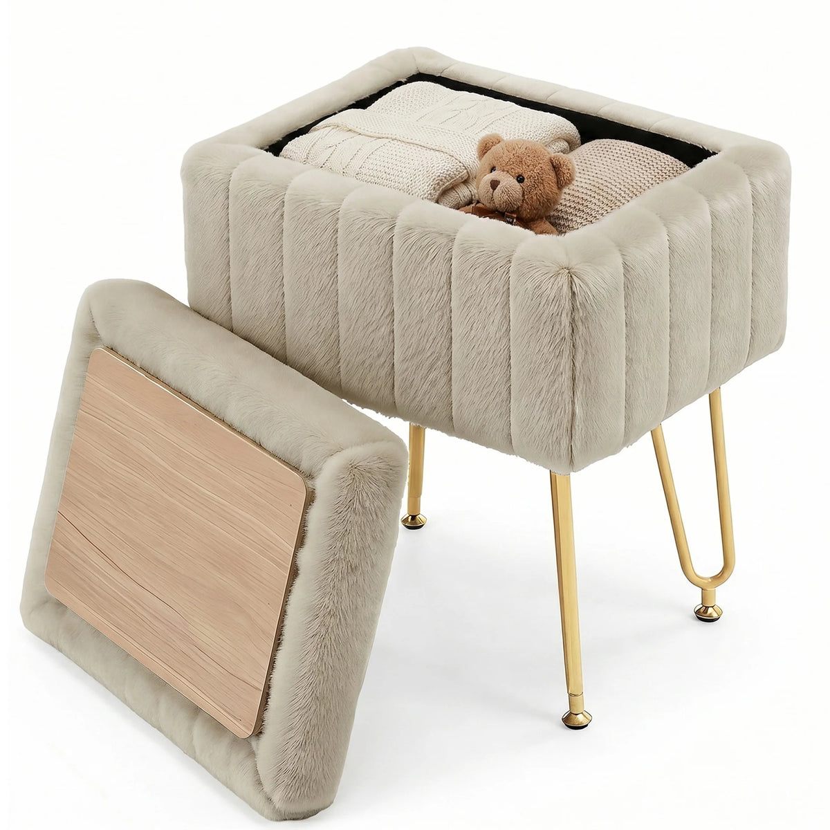 JHK Faux Fur Vanity Stool With Hidden Storage Metal Legs