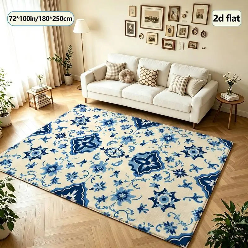 Blue and White Porcelain Floral Carpet Flooring, Traditional Oriental Style Area Rug for Living Room Bedroom Home Decor