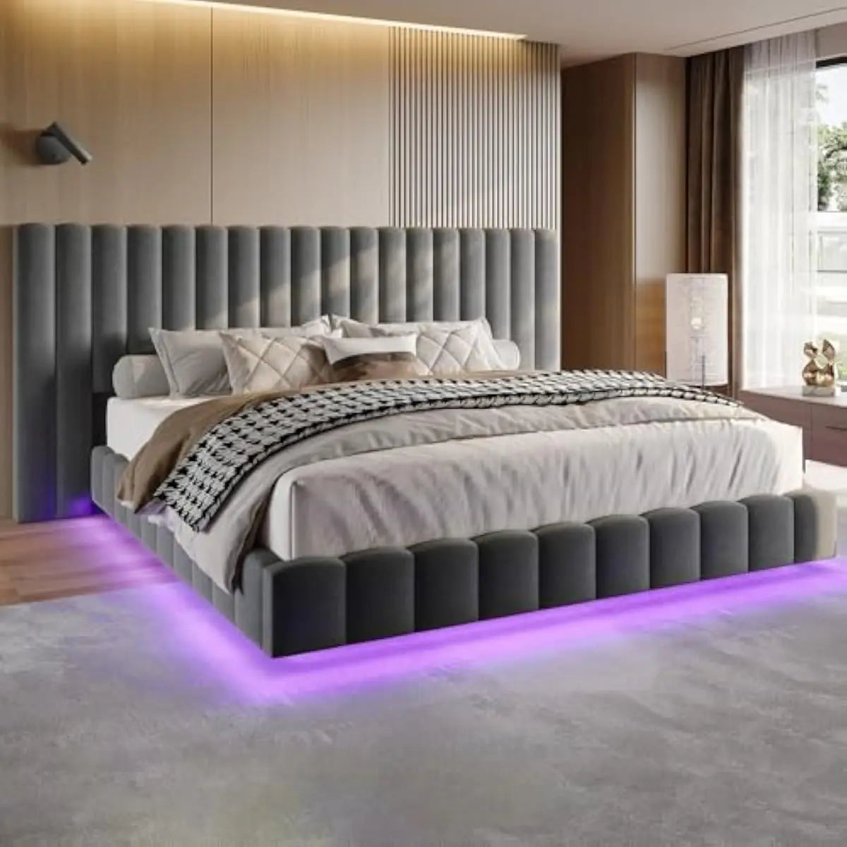 Tufted Velvet Upholstered Bed Frame With LED Lights And Storage