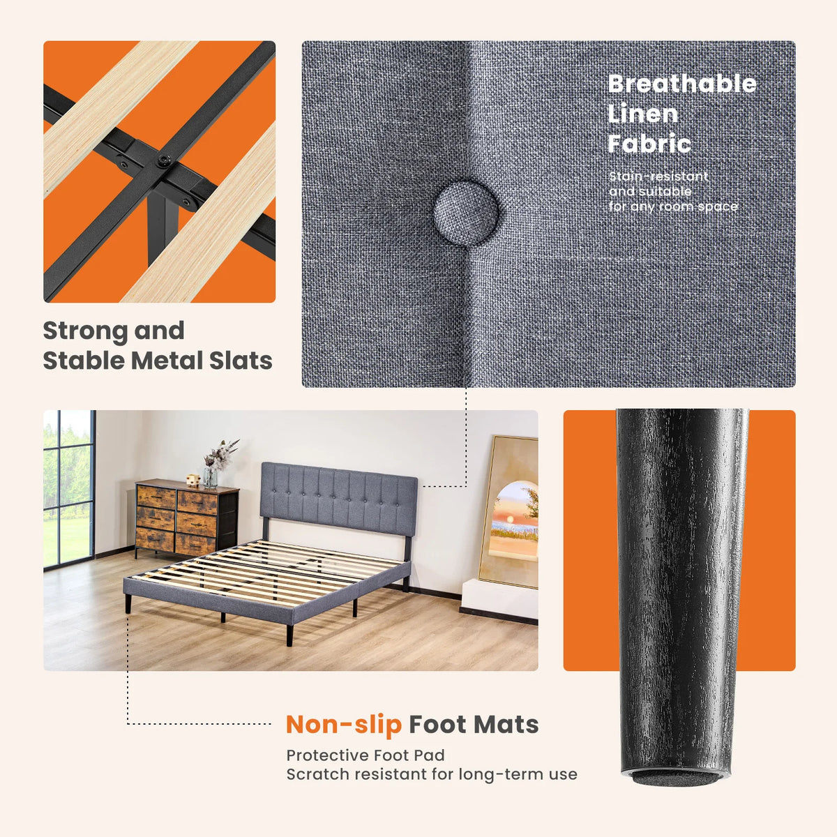 MCQ Upholstered Platform Bed With Adjustable Headboard And Wooden Slats