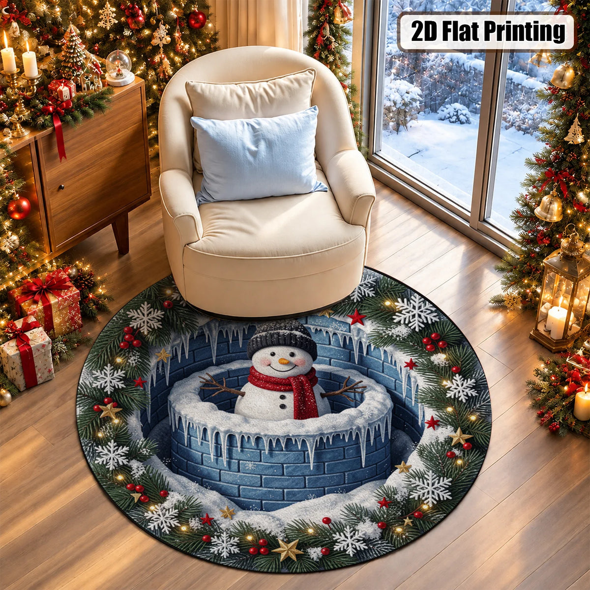 Winter Snowman Velvet Rug With Snowflake Pattern And Rubber Backing