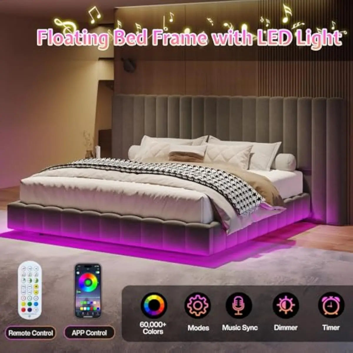 Tufted Velvet Upholstered Bed Frame With LED Lights And Storage