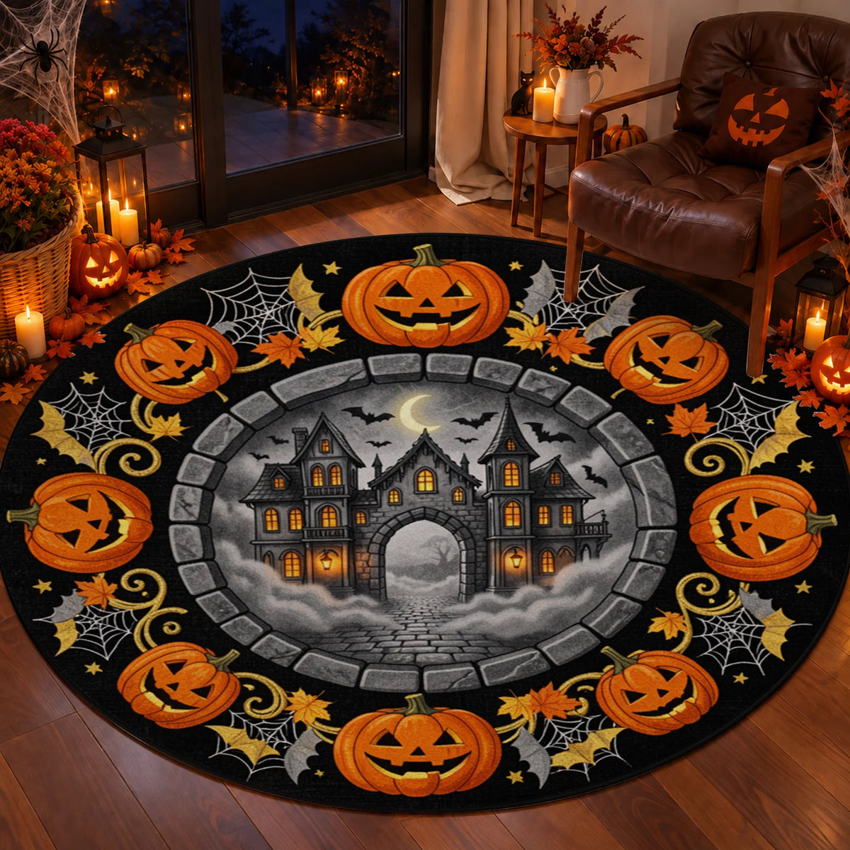 Halloween Pumpkin Haunted House Round Velvet Rug Machine Washable For Home