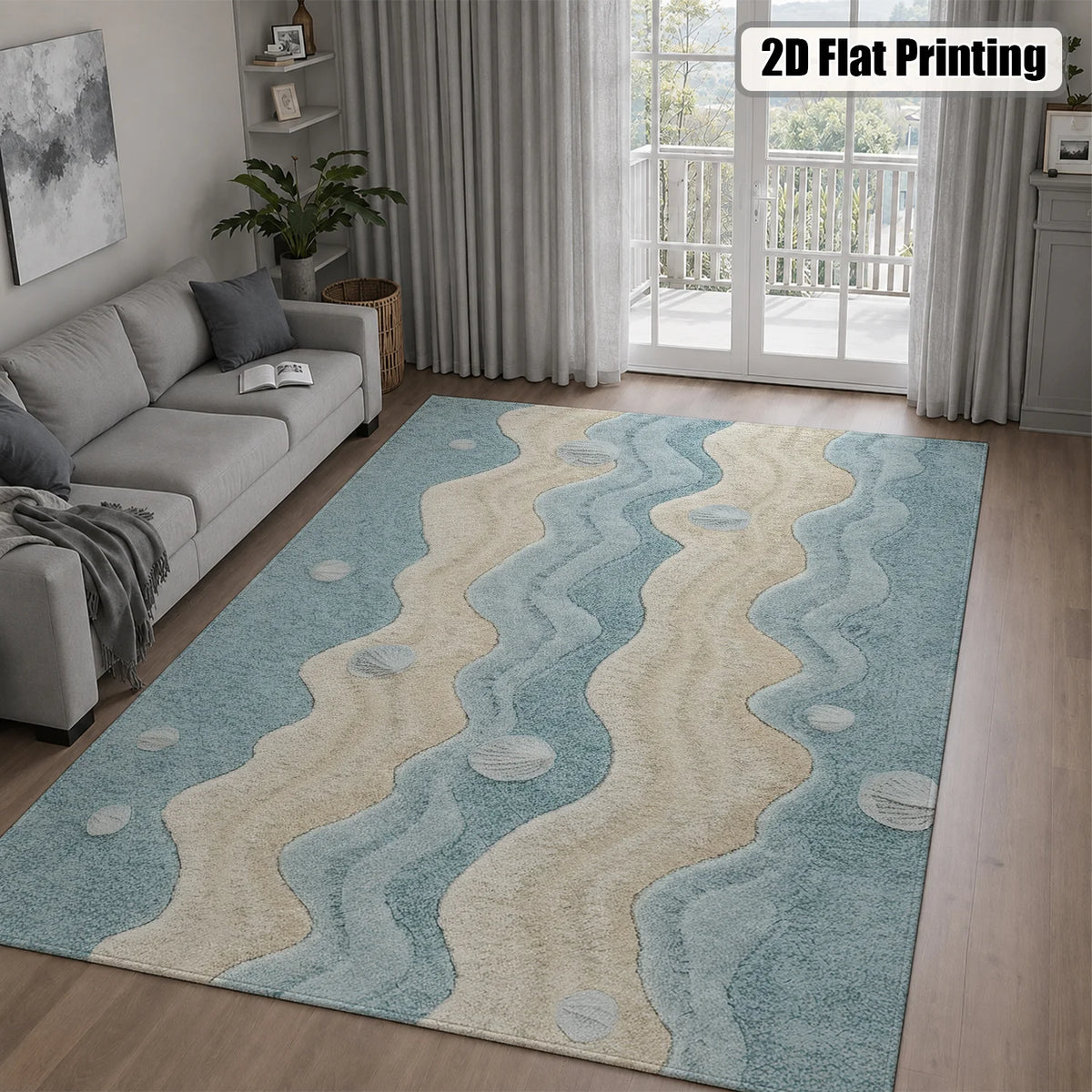 Machine Washable Coastal Wave Seashell Rug With Non Slip Backing