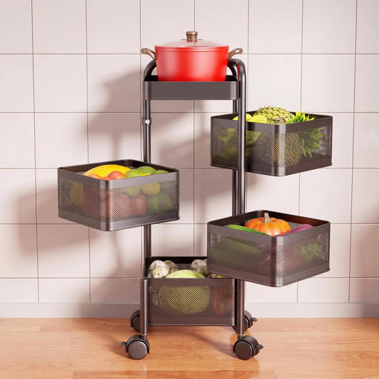 4 5 Tier Rotating Kitchen Storage Cart Thickened Carbon Steel With Wheels Top Lid Fruit Vegetable Basket Mobile Produce Organizer Utility Rack For Bathroom Living Room No Assembly Required
