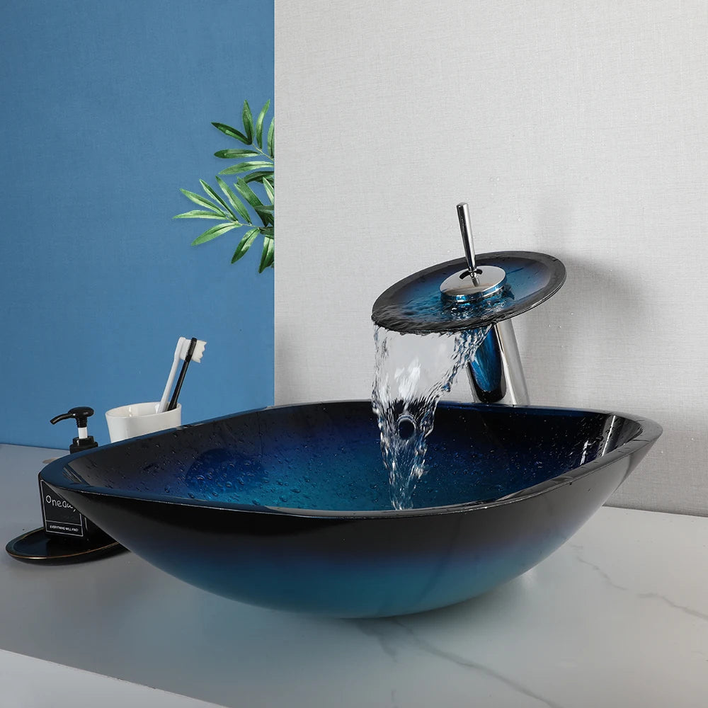 KEMAIDI Artistic Vessel Sink -17 Inch Square Tempered Glass Bowl with Faucet Drain Combo for Above Counter Bathroom Vanity Blue