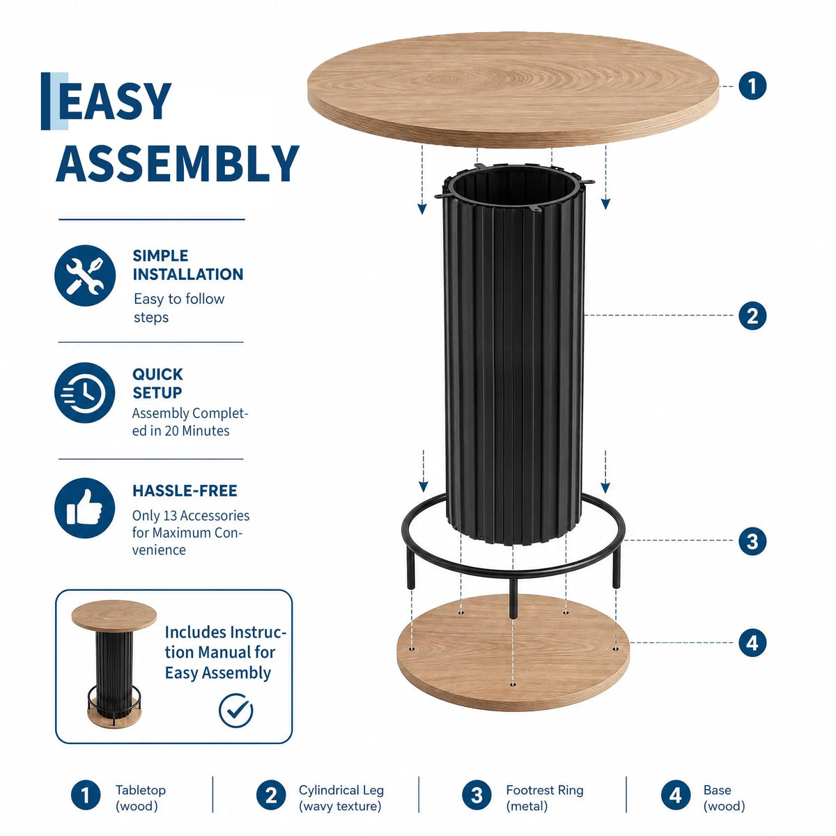 31.5 Inch Round Bar Table, 39.4 Inch High Bistro Pub Table With Iron Wave Base, Footrest, Wood Grain Top For Small Spaces Home