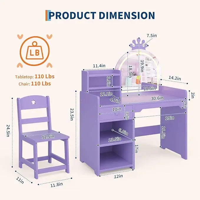 HiMISS Kids Vanity Desk With Lights And Bookshelf Chair Set