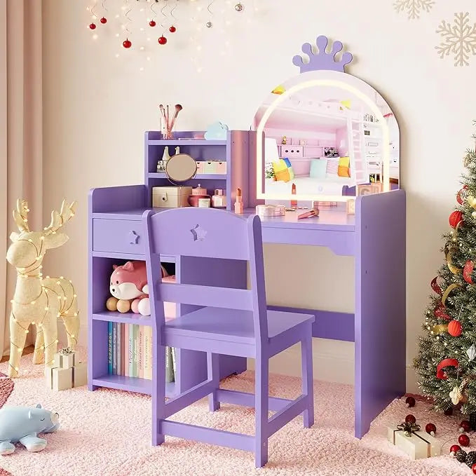 HiMISS Kids Vanity Desk With Lights And Bookshelf Chair Set