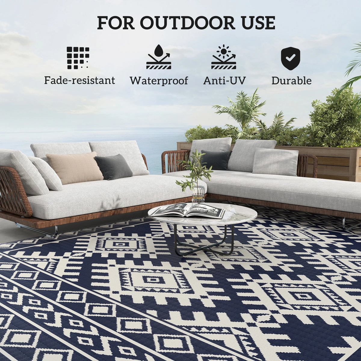 Outsunny Geometric Outdoor Polypropylene Area Rug With Rhombus Border