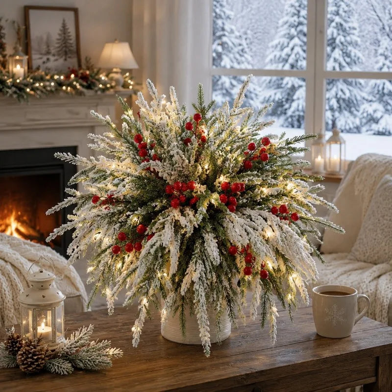 Artificial Norfolk Pine Branches With Red Berries for Holiday Decor