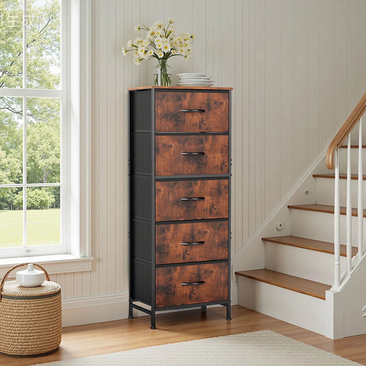 JHK 5 Drawer Fabric Dresser For Bedroom Storage Cabinet