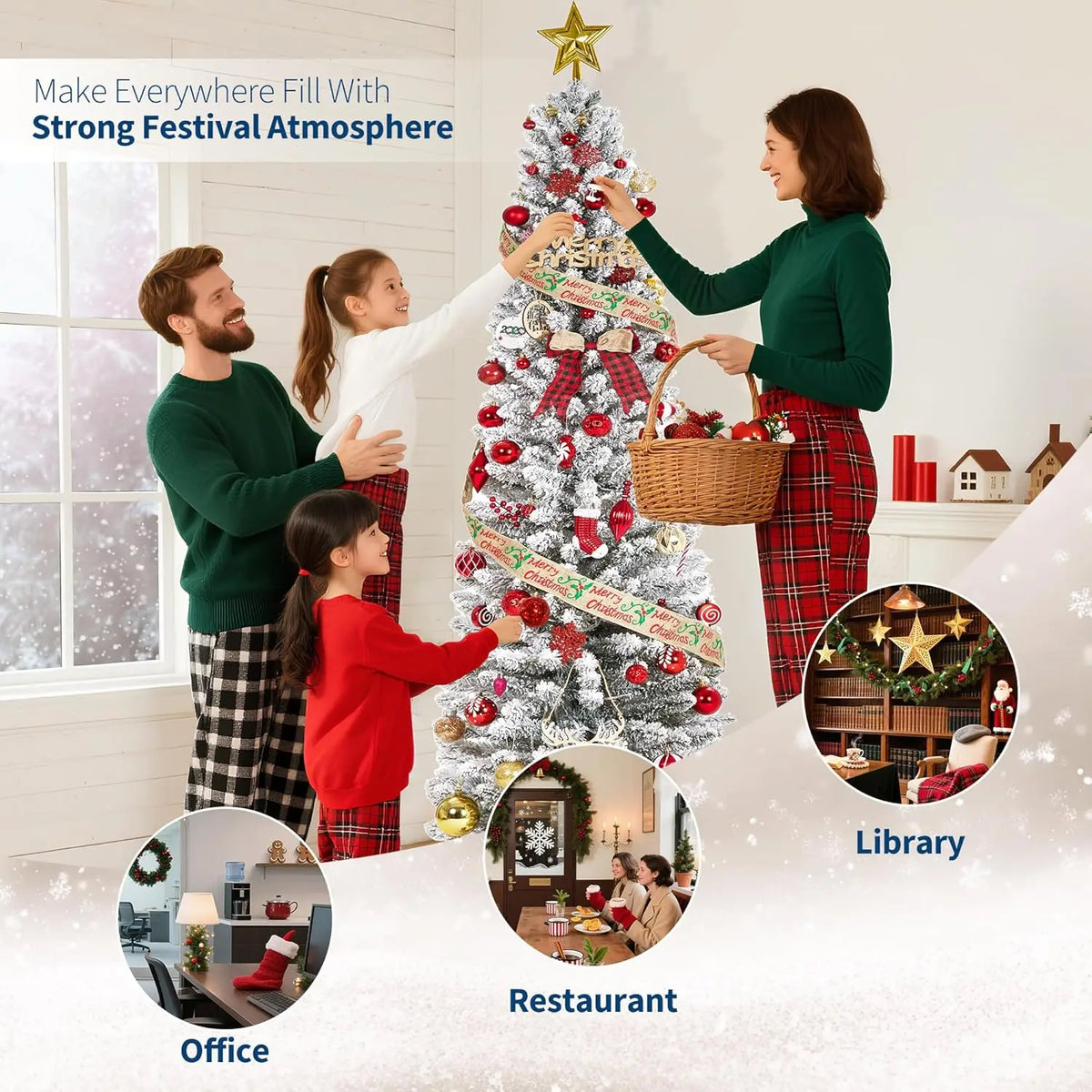 Tall Slim Artificial Pencil Christmas Tree with Snow Flocking Realistic Mixed PVC Branches Space-Saving Holiday Decoration
