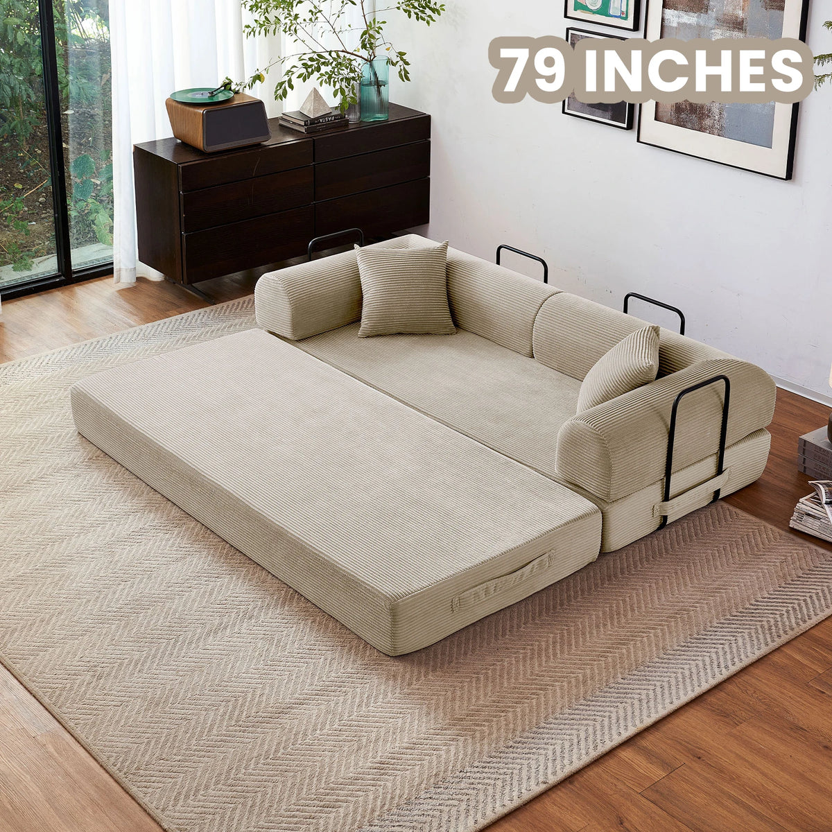Foldable Convertible Futon Sleeper Sofa Bed With L Shaped Armrests