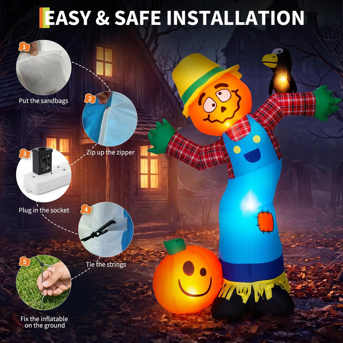 Halloween Inflatable Pumpkin Scarecrow Lighted Outdoor Decor for Porch Lawn