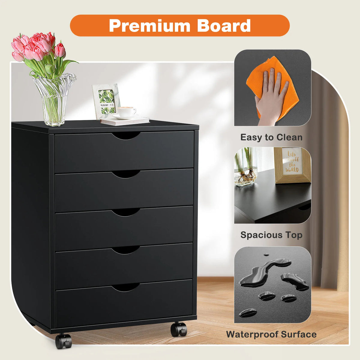 JHK Wood Nightstand Cabinet With Five Drawers And Rolling Storage