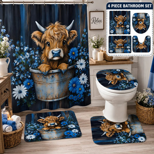 Highland Cow Scottish Farmhouse Bathroom Shower Curtain Set