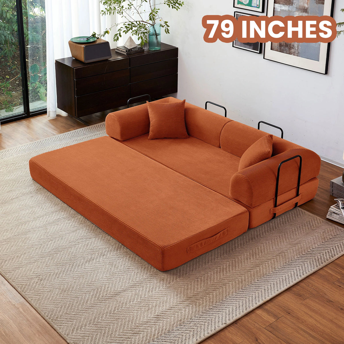 Foldable Convertible Futon Sleeper Sofa Bed With L Shaped Armrests